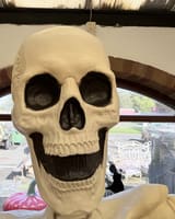 Actual skeleton skull with open mouth and LED eye sockets