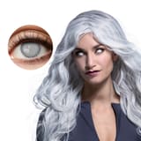 White Mist Costume Contact Lenses (1 Week) — model wearing lenses and lens design close-up