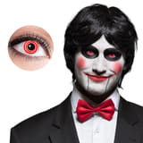 Spiral Red Contact Lenses — model wearing lenses and lens design close-up