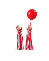 Red version of the creepy clown grave-breaker set with two striped arms and one red balloon on a stick, shown on white