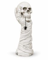 Off-white bandage-wrapped mummy hand holding a skull with a hanging black spider