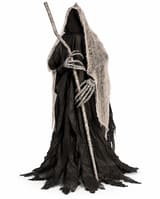 6ft faceless standing grim reaper with black robe, pale gauze, silver skeletal hands and staff on white