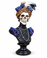 Victorian skeleton lady bust with blue feathered hat, pearl-style necklaces and black pedestal on white