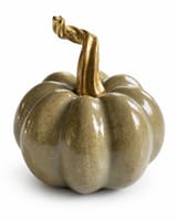 Glossy sage-green ceramic pumpkin with gold speckles and a twisted gold-coloured stem on white