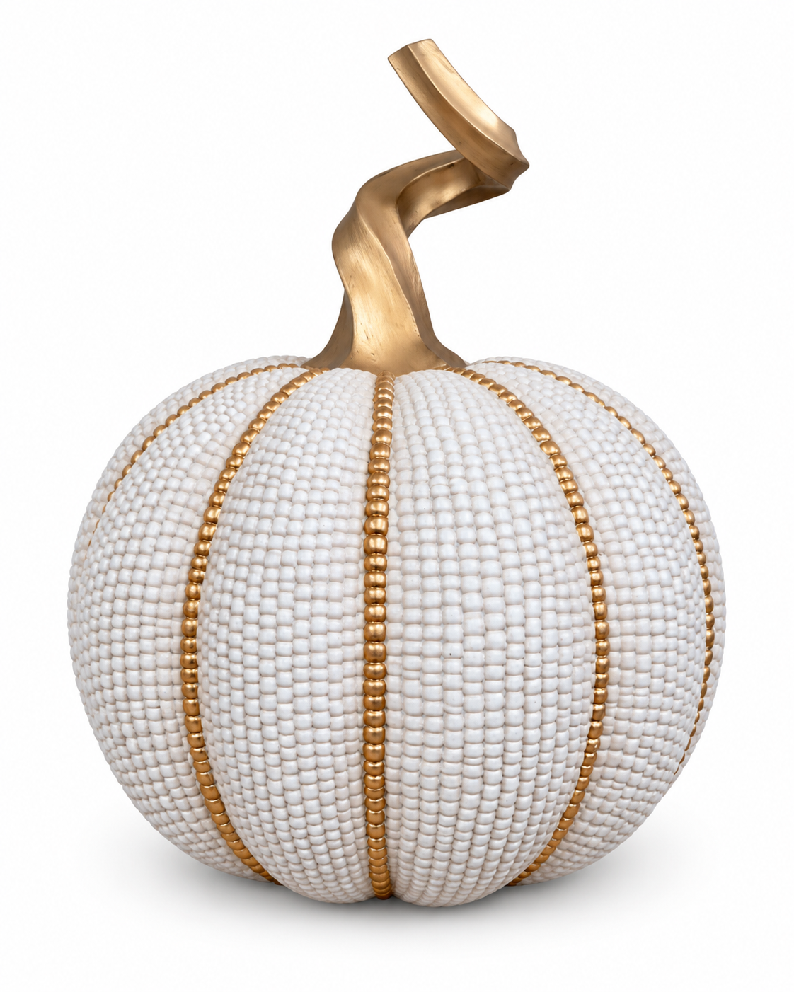 Pearl-white beaded pumpkin ornament with gold ribs and a tall twisted gold stem on white