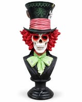 Mad Hatter skeleton bust with red hair, green cravat, pink-banded top hat and 10/6 card