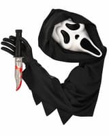 Ghost Face Stalker poseable decoration with white mask, black fabric hood and costume knife
