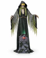 Hooded graveyard reaper with yellow glowing eyes, ragged green and grey robes, and RIP tombstone with red skull eyes