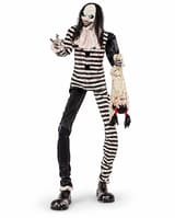 Sweet Dreams clown animatronic in asymmetric black and white striped costume holding an upside-down prop doll