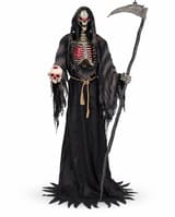 Animated hooded Grim Reaper with red eyes and illuminated ribcage, holding a skull and scythe in tattered dark robes