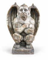 Crouching winged gargoyle with crossed arms and a distressed grey, white and brown stone-effect finish