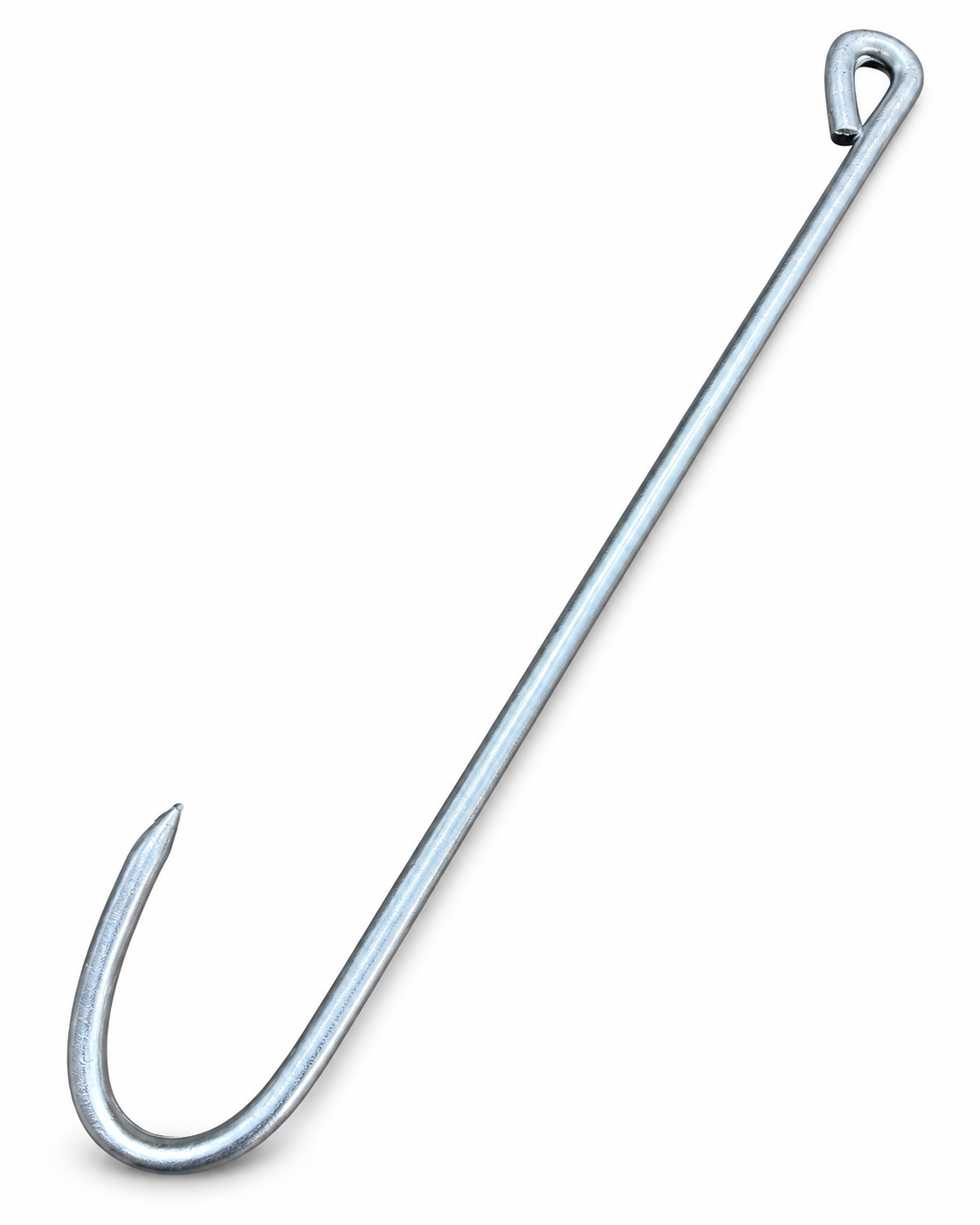 Silver-finish long J-shaped Halloween costume hook prop with small loop at the opposite end