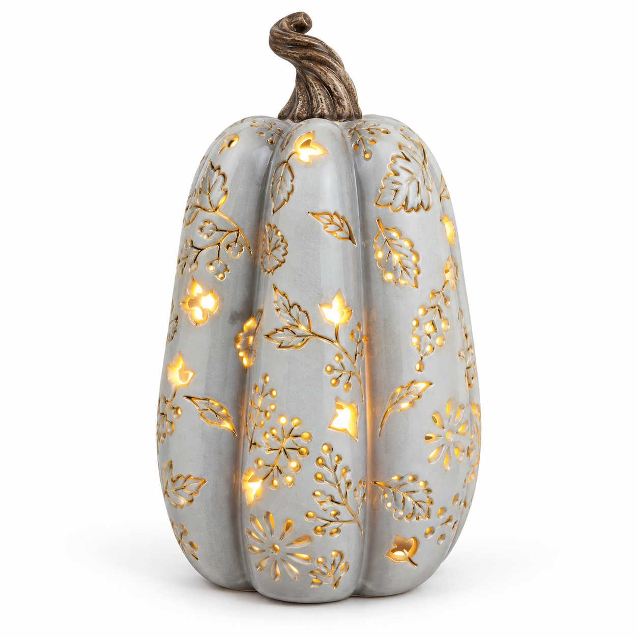 Tall grey light up pumpkin with glowing autumn leaf cut-outs