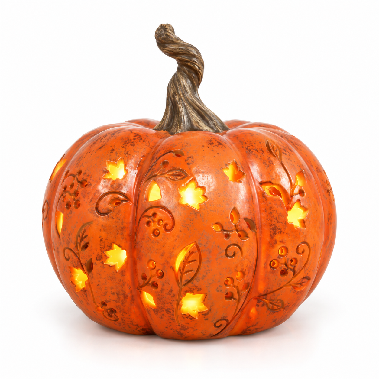 Short round orange light up pumpkin with glowing autumn leaf cut-outs