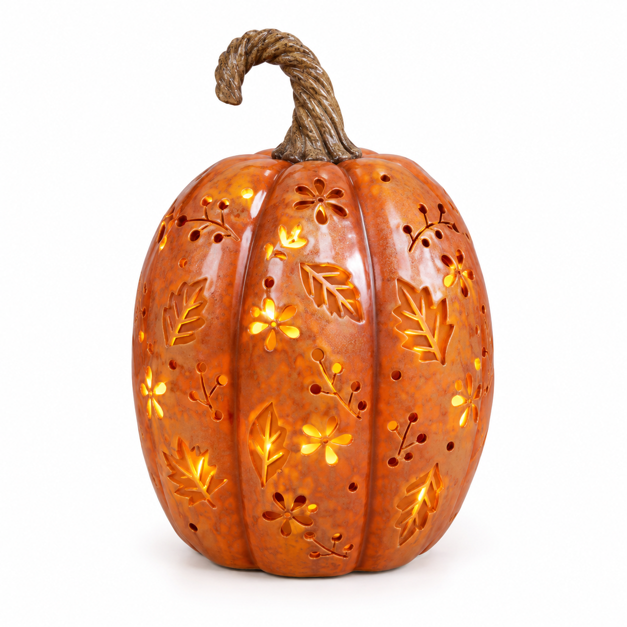 Tall round orange light up pumpkin with glowing autumn leaf cut-outs
