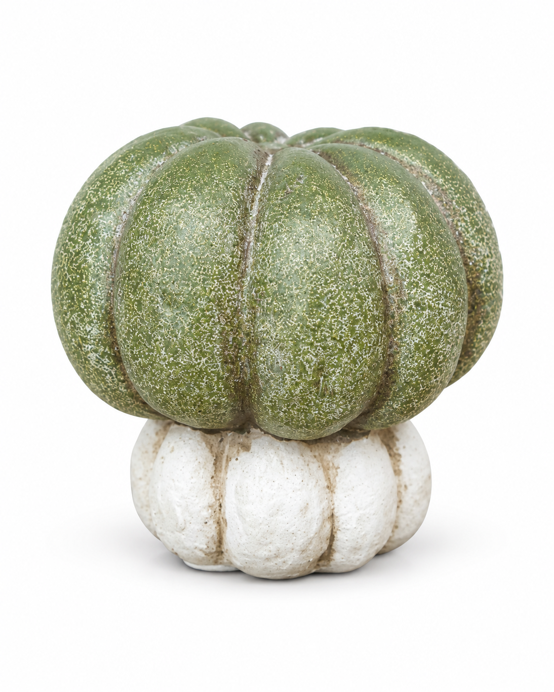 Distressed green and ivory stacked ceramic pumpkin ornament on white background