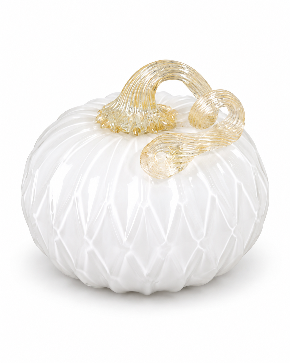 White ribbed glass pumpkin with curled pale gold glass stem on white background