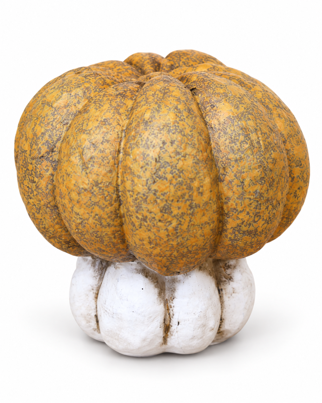 Distressed ochre and ivory stacked ceramic pumpkin ornament on white background