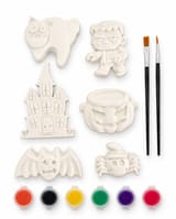 Locally handmade Halloween paint your own kit contents: six shapes, six paints and two brushes