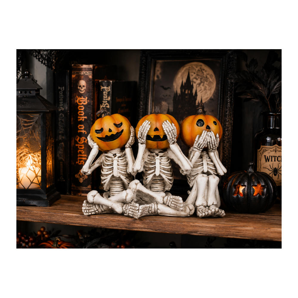 Three Wise Skeleton Pumpkin Heads Halloween Ornament