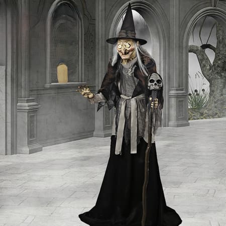 Lunging Haggard Witch Halloween Decoration with Skull Staff