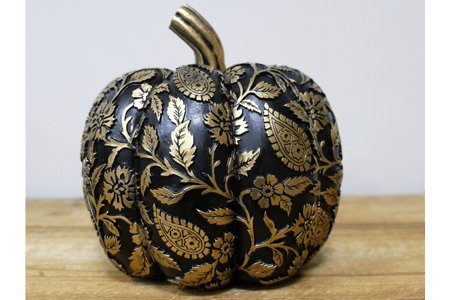 Black &amp; Gold Decorative Pumpkin with Floral Design