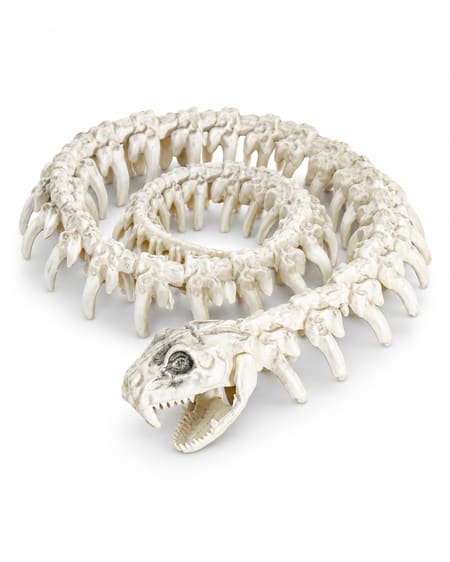 Coiled ivory snake skeleton Halloween decoration on white background