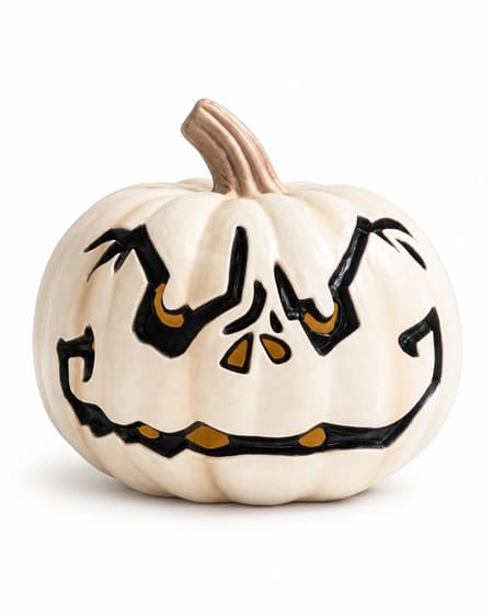 Individual white Halloween pumpkin with black angular face on white background