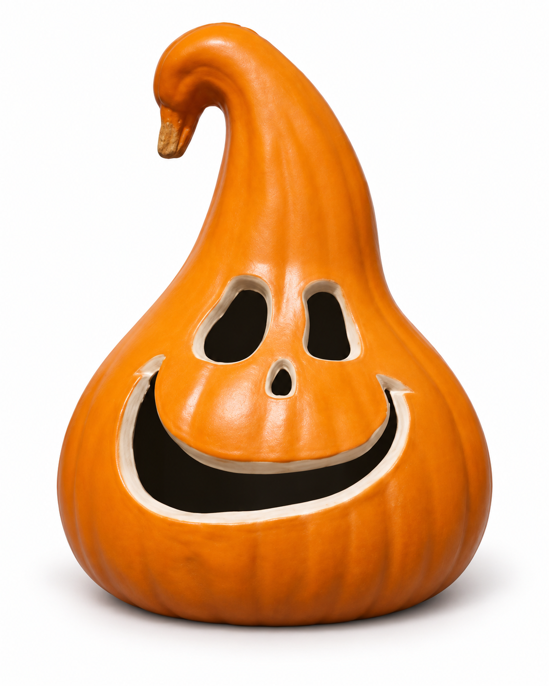 Orange smiling curly-neck gourd jack-o-lantern decoration on white background