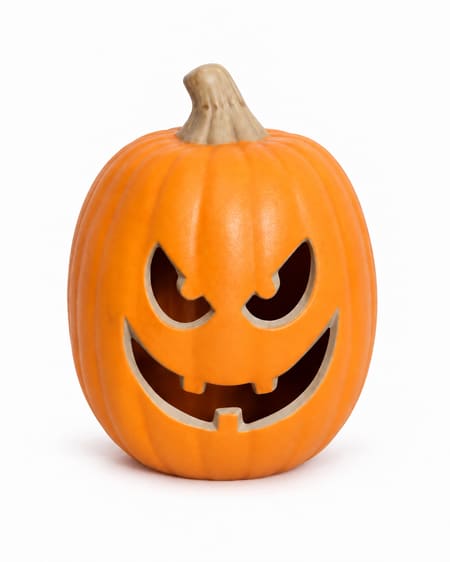 Orange grinning jack-o-lantern pumpkin decoration on a white background