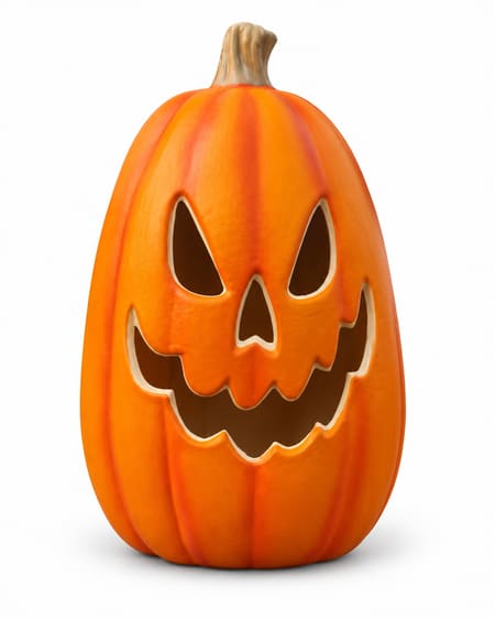Tall orange pumpkin with scalloped grin on a white background