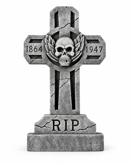 Grey RIP cross tombstone Halloween decoration with skull on white background