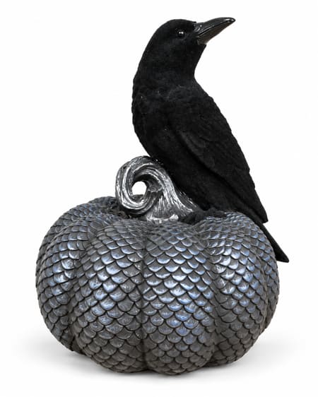 Black Crow on Scale-Patterned Pumpkin Ornament