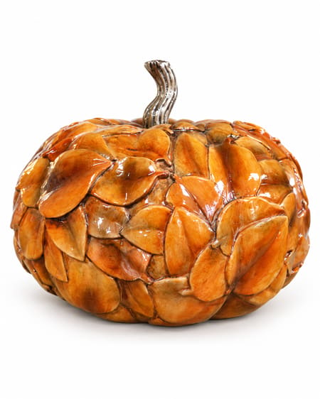 Leaf Decorated Pumpkin Decoration with Silver Stem
