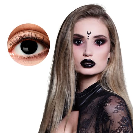 Black Witch Cosmetic Contact Lenses One Week Use — model wearing lenses and lens design close-up
