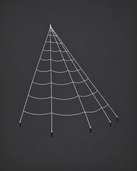Giant white fan-shaped Halloween spider web with five ground stakes, shown against a charcoal background
