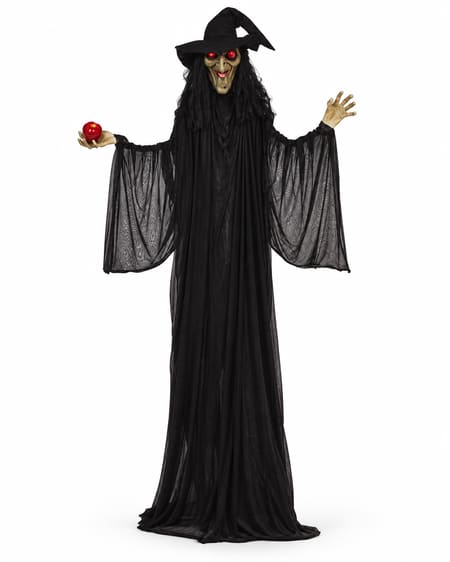 Animated witch holding a red apple, wearing a black hat and gauze-sleeved dress on a white background