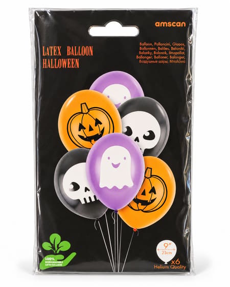 Amscan pack of six 9-inch latex Halloween balloons with pumpkin, ghost and skull designs
