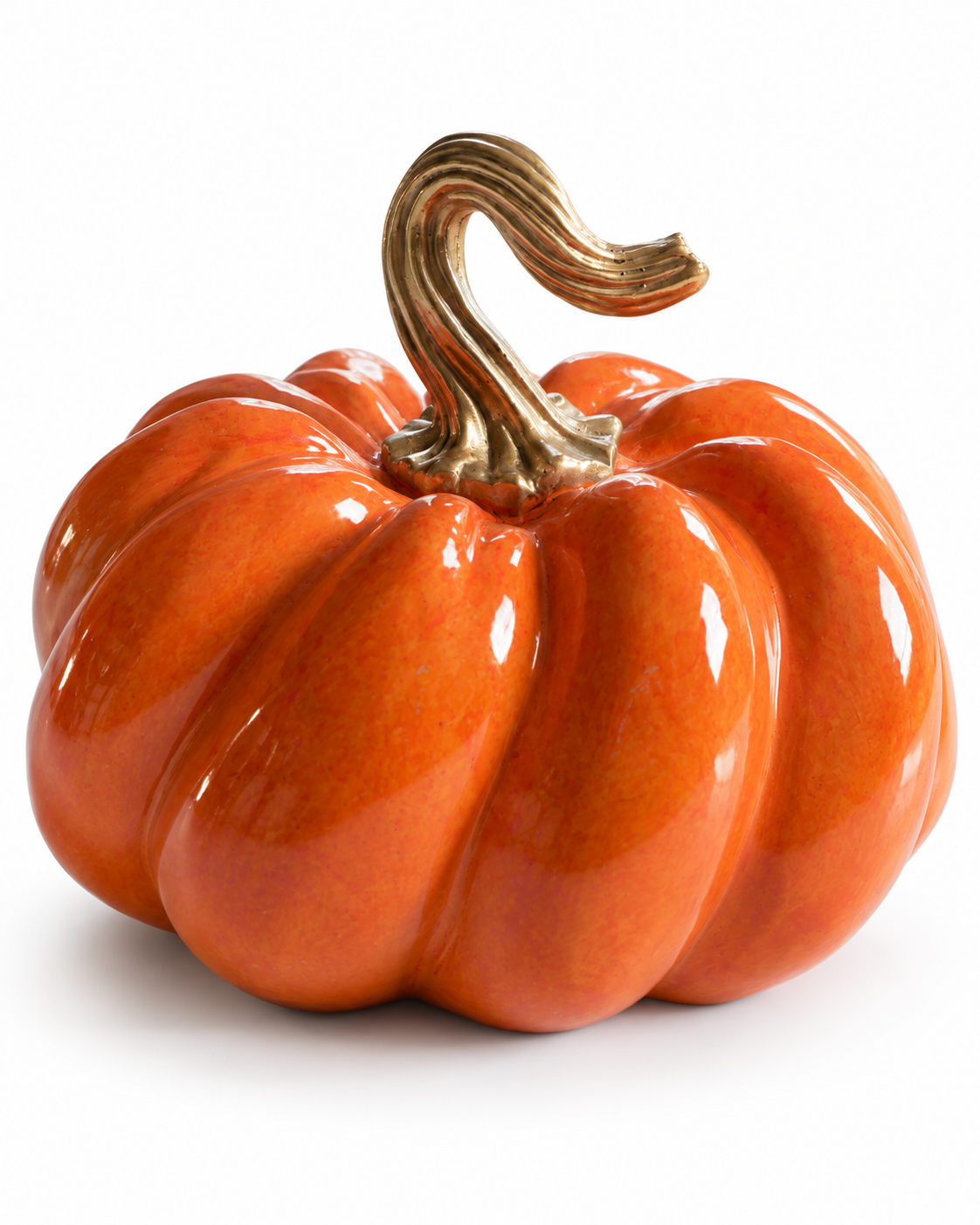 Glossy orange pumpkin decoration with a curved metallic stem, shown on white