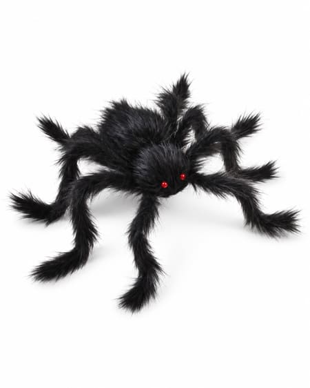 Black hairy poseable Halloween spider with eight legs and red bead eyes, shown on white