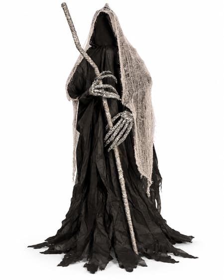 6ft faceless standing grim reaper with black robe, pale gauze, silver skeletal hands and staff on white