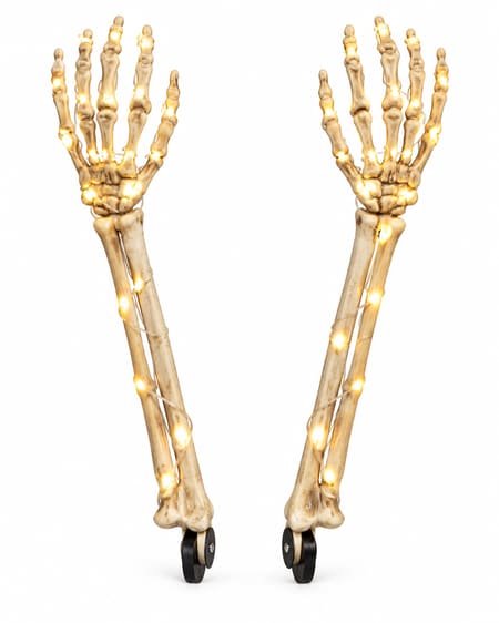 Set of two 38cm light-up skeleton forearms and hands with warm lights;arms only,graveyard scenery not included