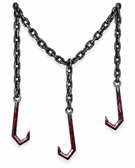 Grey Halloween prop chain with two distressed red decorative hooks