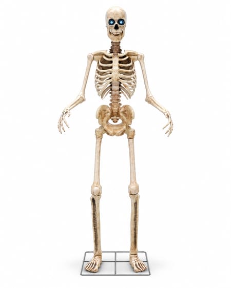 2.5-metre animated Halloween skeleton with glowing blue eyes, standing on its metal base against a white background