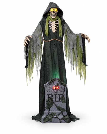 Hooded graveyard reaper with yellow glowing eyes, ragged green and grey robes, and RIP tombstone with red skull eyes