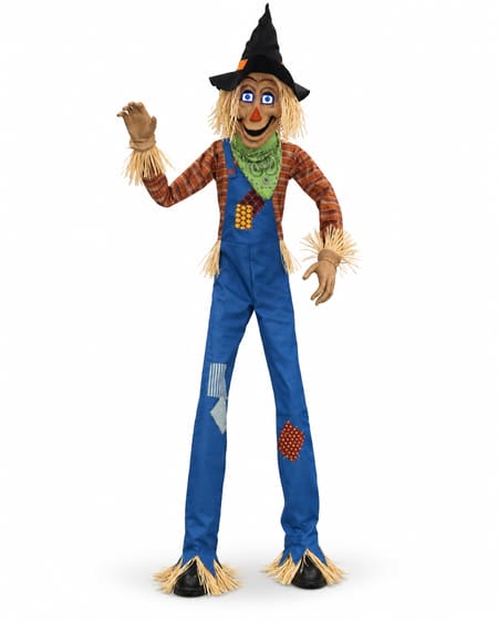 Towering scarecrow animatronic with blue illuminated eyes, pointed black hat, green neckerchief, plaid shirt and patched blue dungarees