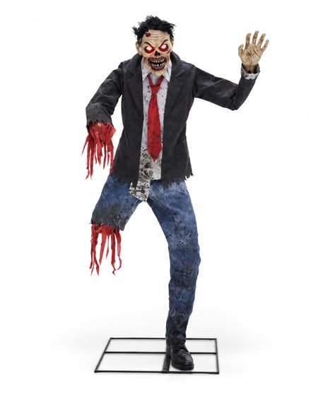 Hopps zombie animatronic with red glowing eyes, dark blazer, red tie, blue trousers and theatrical torn-limb fabric effects on metal stand