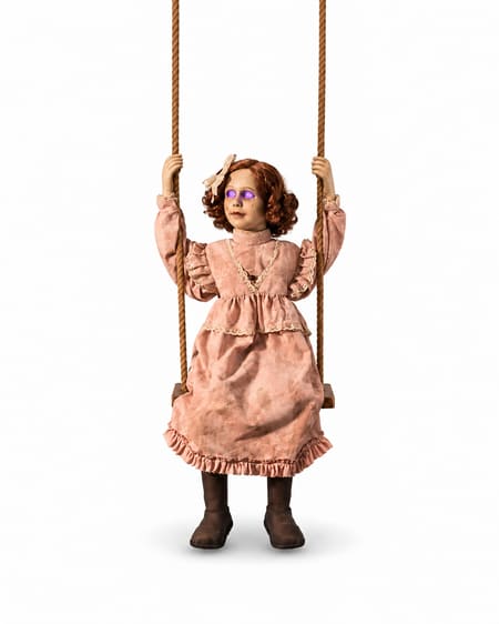 Animated Halloween Dolly Girl on Swing with Lights Animatronic Prop