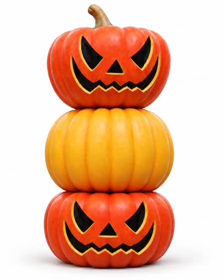 Large stacked orange and yellow Halloween pumpkins with matching carved faces on white background