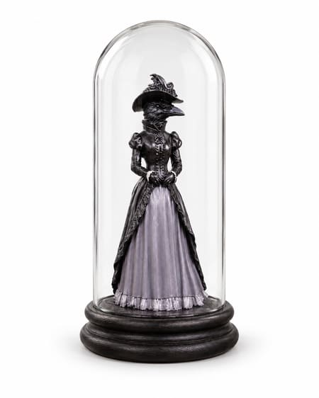 Crow-headed lady in a black Victorian bodice and grey skirt inside a tall glass dome on a dark wooden base